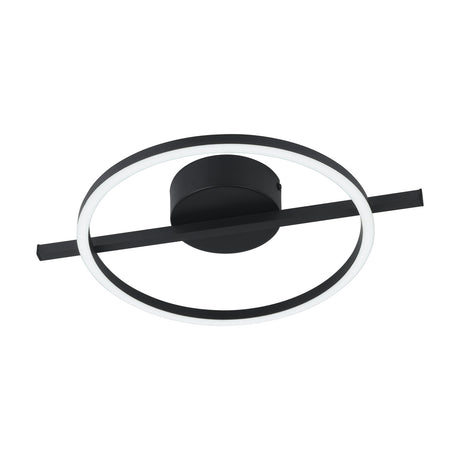 Dralena LED flush ceiling light with a slim black ring and straight crossbar, round black canopy, white diffuser, black aluminium and steel finish, on a plain white background.