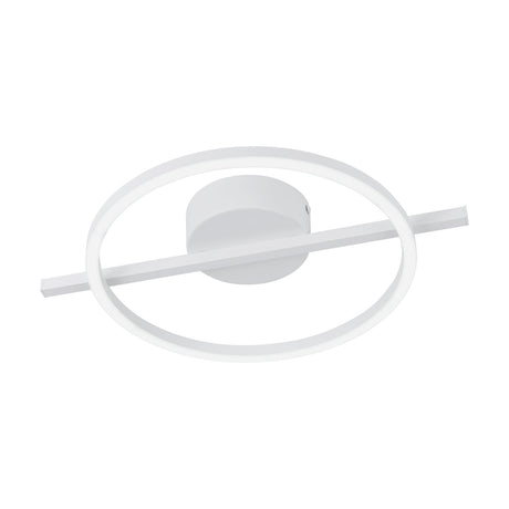 Dralena LED flush ceiling light in white, featuring a slim oval ring crossed by a straight bar on a round canopy, shown on a plain white background.
