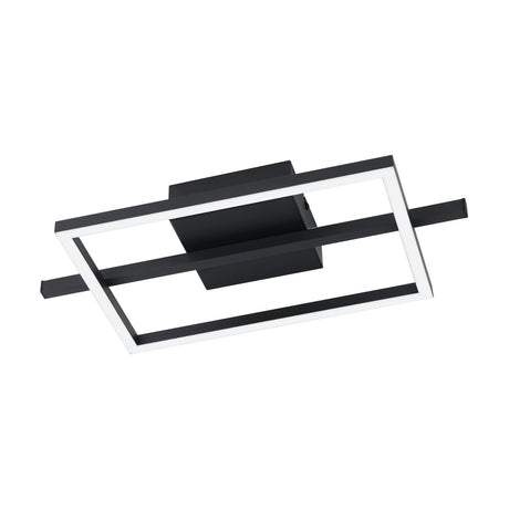 Dralena 40cm flush LED ceiling light with an open black rectangular frame, crossed bar, and square centre base, in black aluminium and steel on a plain white background.