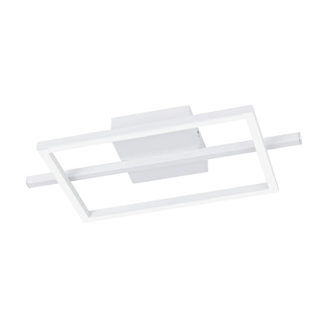 Dralena 40cm white flush ceiling light with an open rectangular frame crossed by a single straight bar, integrated LED and dimmable CCT, shown on a plain white background.