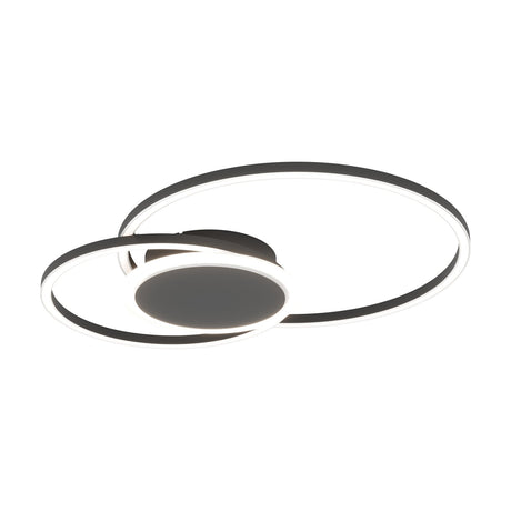 Dralena flush LED ceiling light with two overlapping black rings and a central black disc, aluminium and steel body with white diffuser edges, shown on a plain white background.