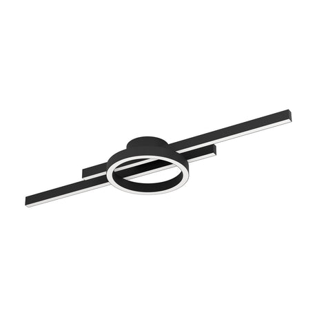 Dralena 77.5cm LED flush ceiling light in black, featuring two offset linear bars and a central illuminated ring with white diffusers, shown on a plain white background.