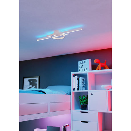 Dralena 77.5cm white LED flush ceiling light with two offset straight bars and central ring, shown glowing blue above a bunk bed in a colour-lit bedroom.