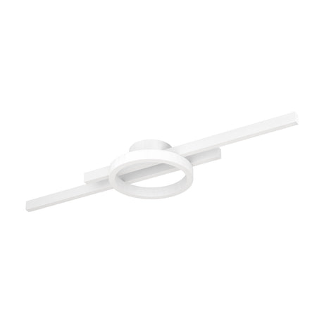 Dralena LED flush ceiling light in white, featuring two offset straight bars crossed by a central ring on a round canopy, shown against a plain white background.
