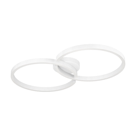 Dralena LED flush ceiling light with two interlocking white rings joined at a round hub, aluminium and steel body, shown on a plain white background.