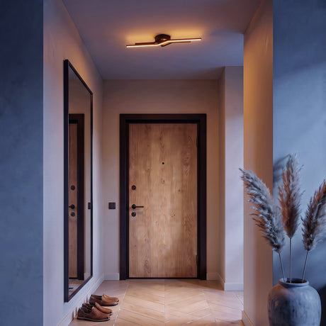 Dralena Oval LED flush ceiling light in black with two offset bars glowing warm white, fitted above a wooden front door in a hallway with mirror and vase.