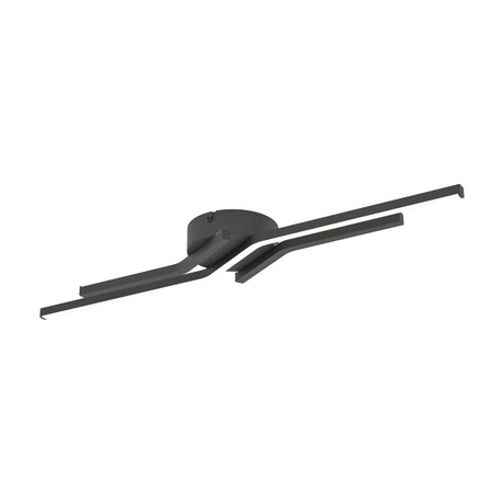 Dralena Oval LED flush ceiling light in black, 68.5cm, with two slim offset aluminium and steel bars extending from a round canopy, shown on a plain white background.