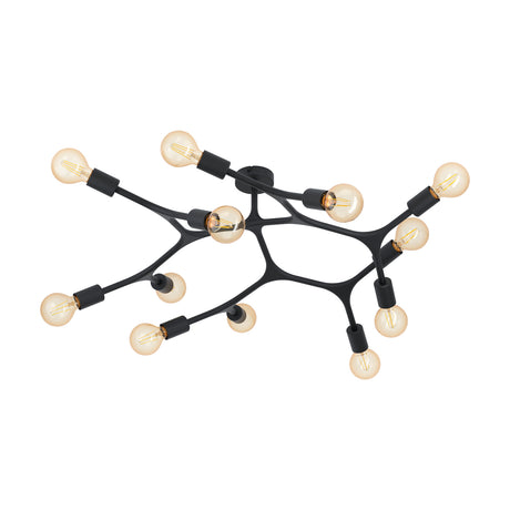 Dramenne ceiling light in black steel with branching arms forming a honeycomb pattern, exposed E27 bulbs on cylindrical holders, shown on a plain white background.