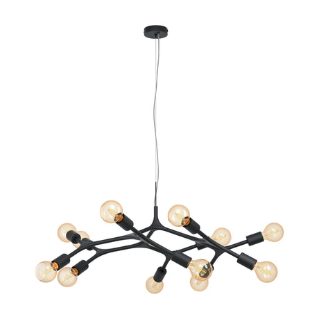 Dramenne 12 Light Pendant in black steel, featuring curved branching arms with slim E27 lampholders and amber bulbs, suspended from a round ceiling plate on a plain white background.