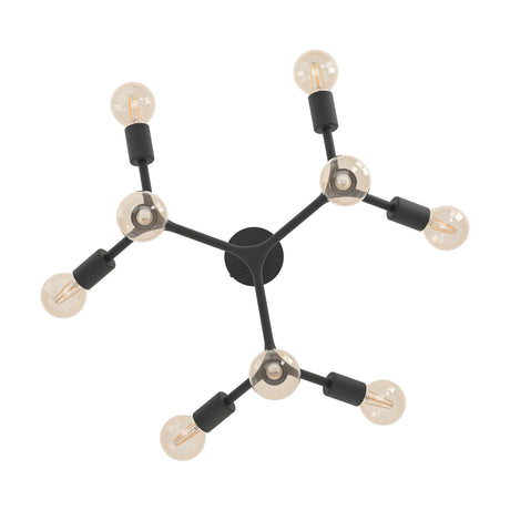 Dramenne 9 Light Ceiling Light in black steel, with angular branching arms from a round canopy holding bare E27 bulbs, shown on a plain white background.