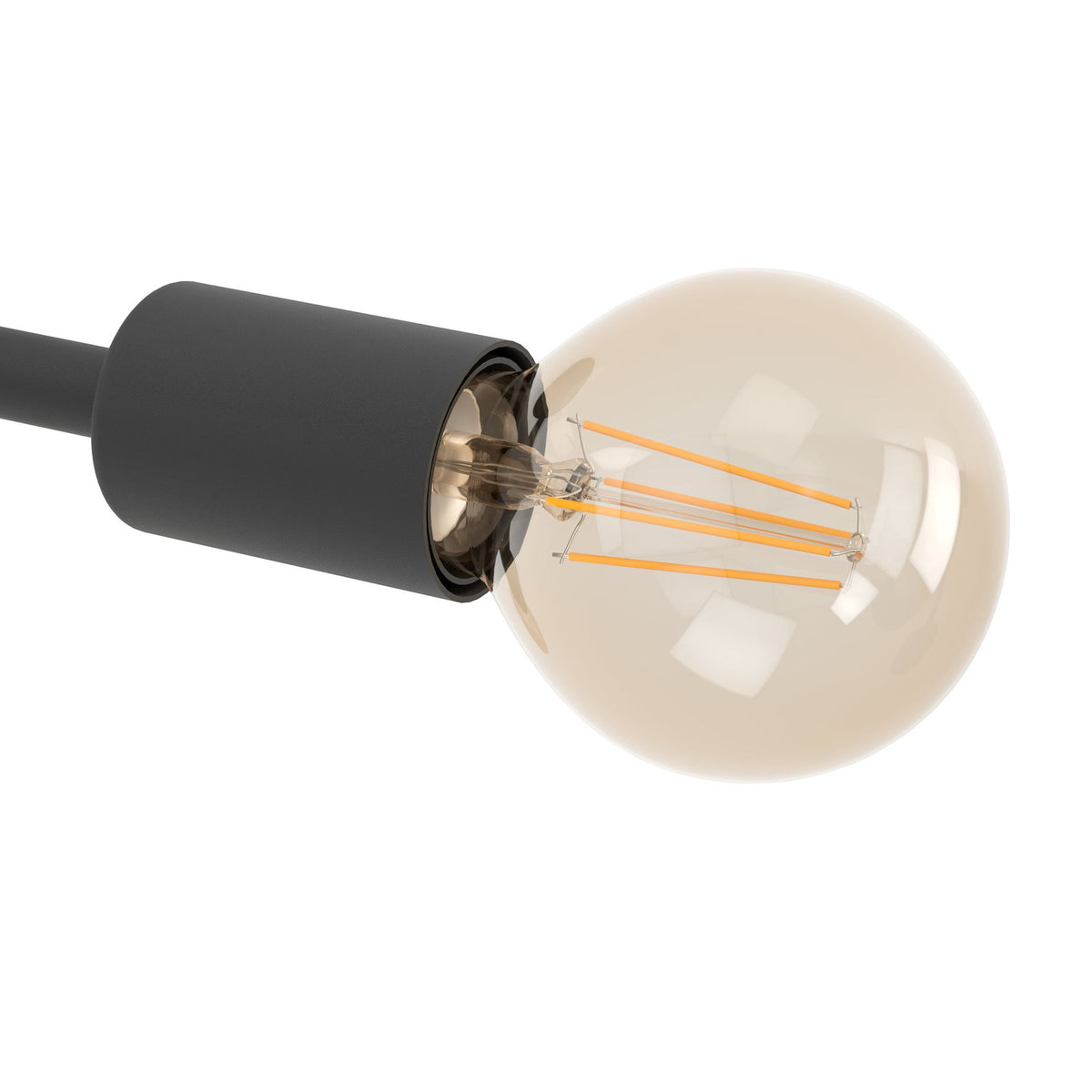 Close-up of one bare E27 lampholder on the Dramenne 9 Light Ceiling Light, with black cylindrical fitting holding a clear globe bulb with visible filaments, shown on a white background.