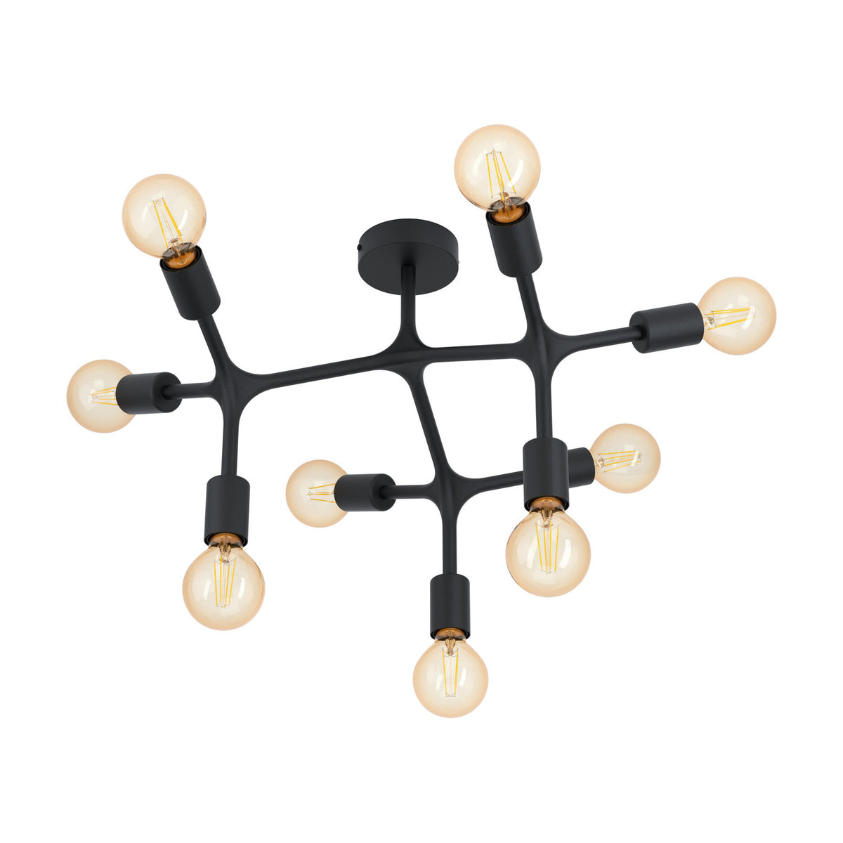Dramenne 9 Light Ceiling Light in black steel with angular branching arms, exposed cylindrical E27 lampholders, and amber bulbs, shown on a plain white background.