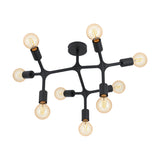Dramenne 9 Light Ceiling Light in black steel with angular branching arms, exposed cylindrical E27 lampholders, and amber bulbs, shown on a plain white background.