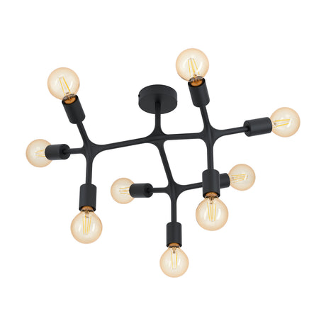 Dramenne 9 Light Ceiling Light in black steel with angular branching arms, exposed cylindrical E27 lampholders, and amber bulbs, shown on a plain white background.