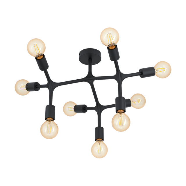 Dramenne 9 Light Ceiling Light in black steel with angular branching arms, exposed cylindrical E27 lampholders, and amber bulbs, shown on a plain white background.