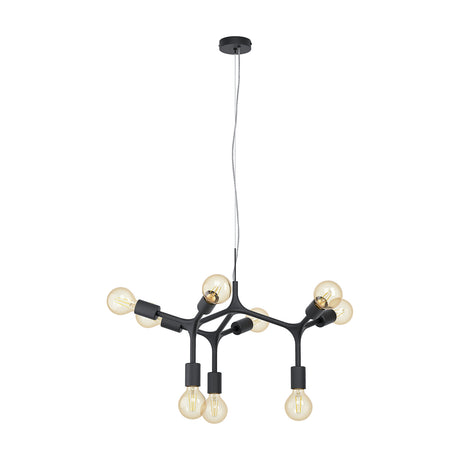 Dramenne 9 Light Pendant in black steel with branching arms holding exposed E27 bulb sockets, suspended from a round ceiling canopy on a plain white background.