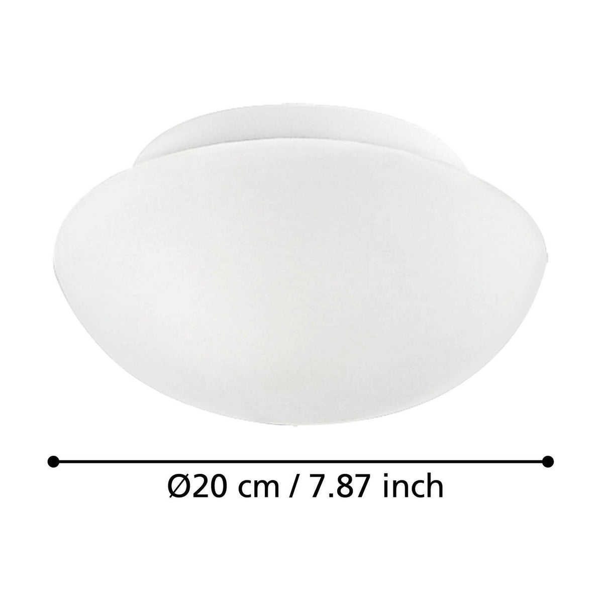 Drasmena flush ceiling light in white, a compact dome of matt opal glass with white steel base, shown on a plain background with a 20cm diameter measurement guide.