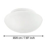 Drasmena flush ceiling light in white, a compact dome of matt opal glass with white steel base, shown on a plain background with a 20cm diameter measurement guide.