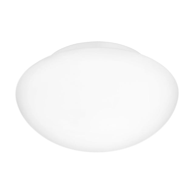 Drasmena 20cm flush ceiling light with a domed matt opal glass shade and white steel body, shown against a plain white background.