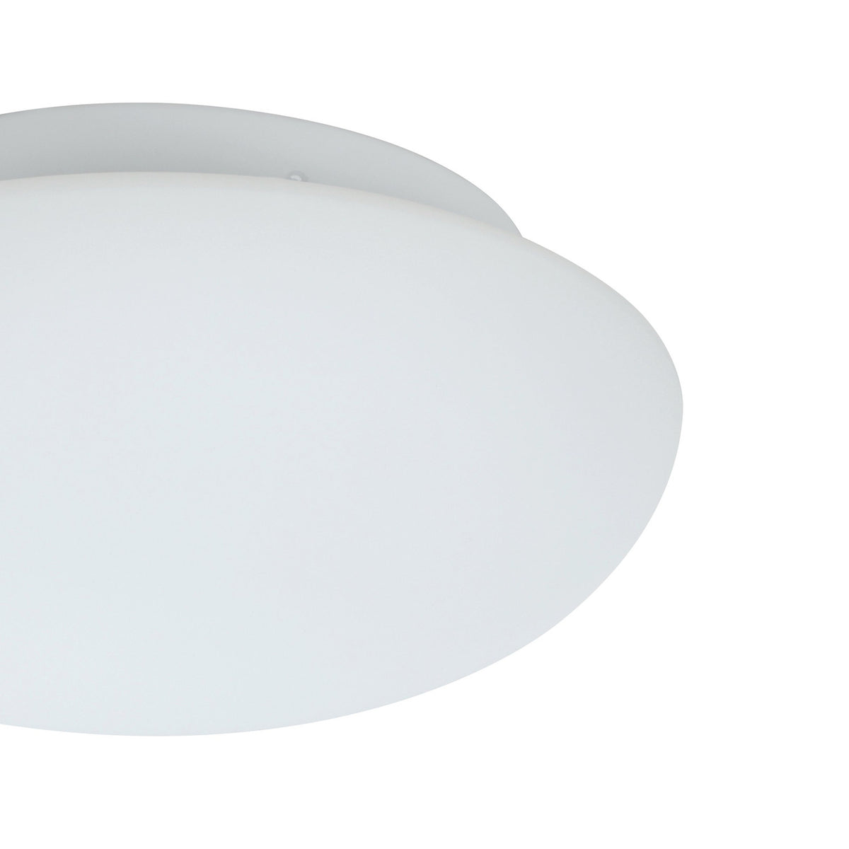 Close-up of the Drasmena 28cm flush ceiling light in white, showing the domed matt opal glass shade and round steel ceiling plate against a plain white background.
