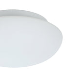 Close-up of the Drasmena 28cm flush ceiling light in white, showing the domed matt opal glass shade and round steel ceiling plate against a plain white background.