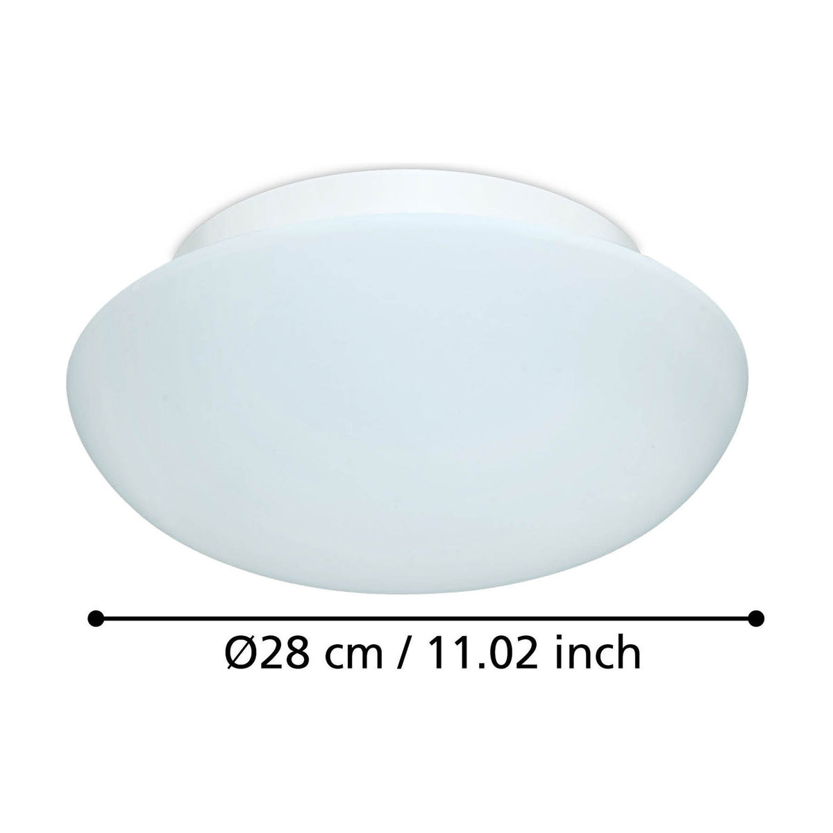 Drasmena flush ceiling light in white, with a round steel ceiling plate and domed matt opal glass shade, Ø28cm, shown on a plain white background with size annotation.