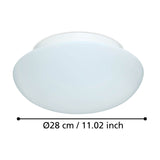 Drasmena flush ceiling light in white, with a round steel ceiling plate and domed matt opal glass shade, Ø28cm, shown on a plain white background with size annotation.