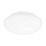 Drasmena 28cm flush ceiling light with a round white steel plate and domed matt opal glass shade, shown on a plain white background.