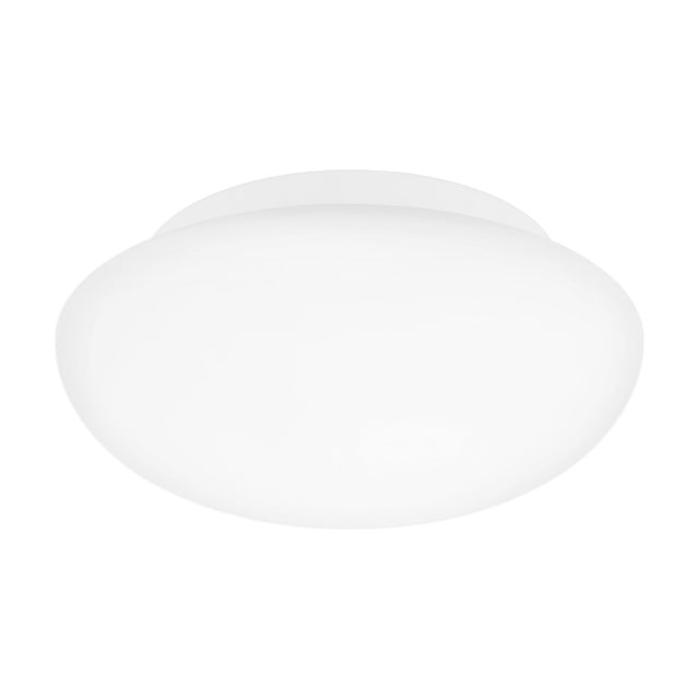 Drasmena 28cm flush ceiling light with a round white steel plate and domed matt opal glass shade, shown on a plain white background.