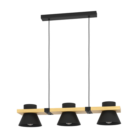 Drasvenne linear pendant light with three black conical shades on a wood-toned bar, suspended by two black cords from a rectangular black ceiling canopy, shown on a plain white background.