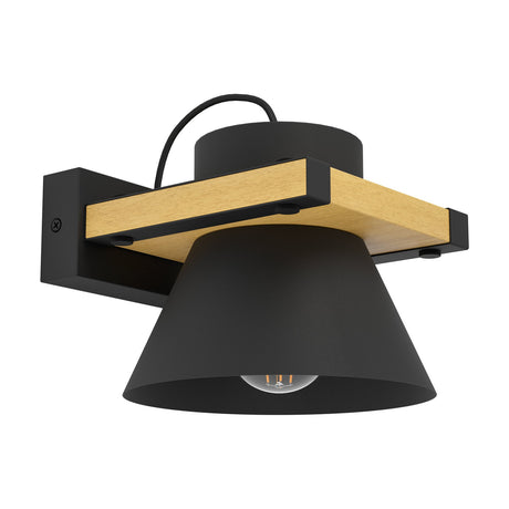 Drasvenne black and brown wall light with a conical shade below a cylindrical top in a square wooden frame with black corner brackets, shown on a white background.