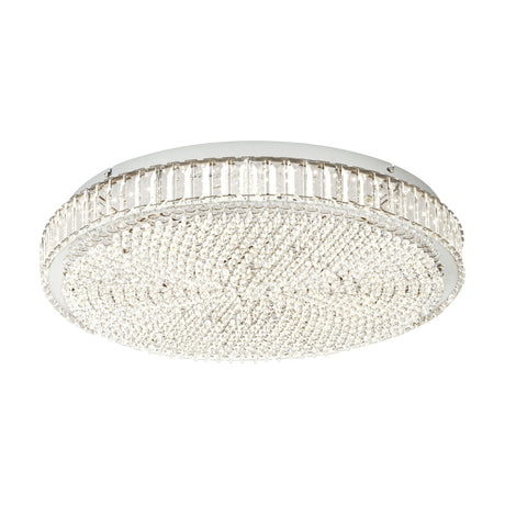 Drasvessa 60.5cm LED flush ceiling light in chrome, round design with a crystal glass edge band and beaded crystal face, shown on a plain white background.
