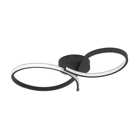 Drelvanne LED flush ceiling light in black, featuring two interlaced looped aluminium and steel rings with white plastic diffusers, mounted on a round canopy against a plain white background.