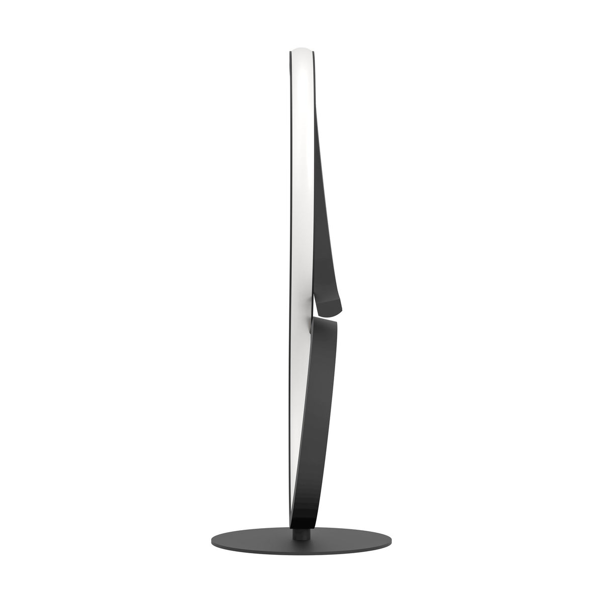Drelvanne LED table lamp in black, side view showing the twisted figure-of-eight band with white LED strip, aluminium and steel body on a round black base, plain white background.