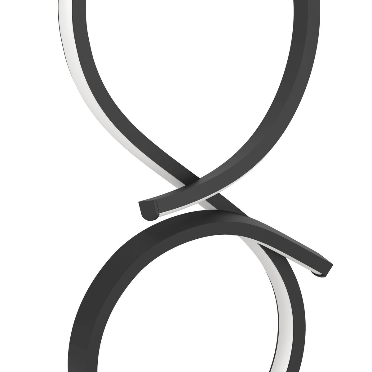 Drelvanne LED Table Lamp in black, close-up of the looped figure-of-eight aluminium and steel band with integrated white LED shade, shown against a plain white background.