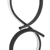 Drelvanne LED Table Lamp in black, close-up of the looped figure-of-eight aluminium and steel band with integrated white LED shade, shown against a plain white background.