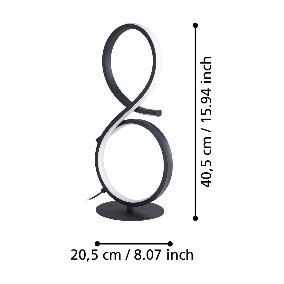 Drelvanne LED table lamp in black, aluminium and steel figure-of-eight design with white plastic shade, on a round base, shown with dimensions 40.5cm high and 20.5cm wide on a white background.