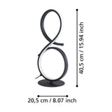Drelvanne LED table lamp in black, aluminium and steel figure-of-eight design with white plastic shade, on a round base, shown with dimensions 40.5cm high and 20.5cm wide on a white background.