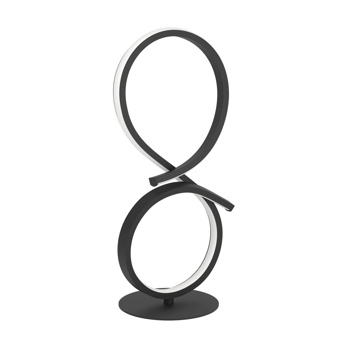 Drelvanne LED Table Lamp in black, a figure-of-eight loop design in black aluminium and steel with an integrated white LED strip, set on a round flat base against a plain white background.