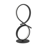 Drelvanne LED Table Lamp in black, a figure-of-eight loop design in black aluminium and steel with an integrated white LED strip, set on a round flat base against a plain white background.
