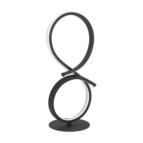 Drelvanne LED Table Lamp in black, a figure-of-eight loop design in black aluminium and steel with an integrated white LED strip, set on a round flat base against a plain white background.