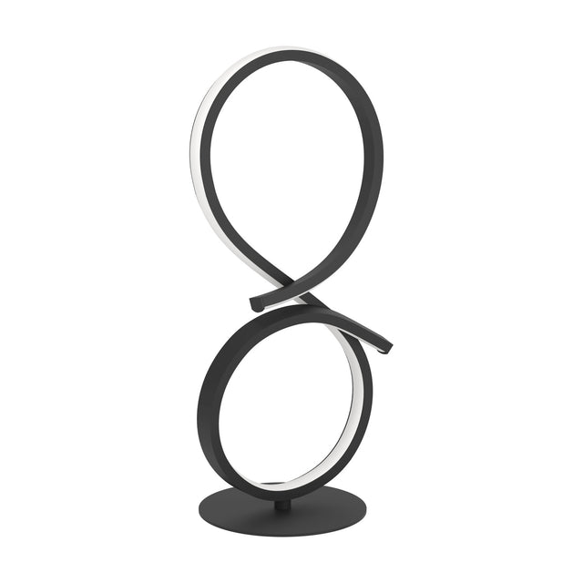 Drelvanne LED Table Lamp in black, a figure-of-eight loop design in black aluminium and steel with an integrated white LED strip, set on a round flat base against a plain white background.