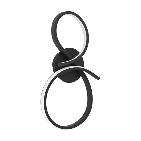 Drelvanne LED Wall Light in black, a single looped figure-of-eight ribbon with white diffuser over a round wall plate, shown against a plain white background.