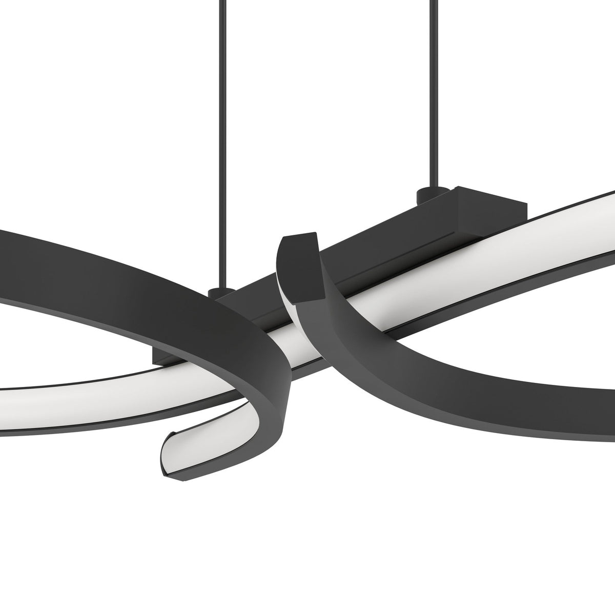 Close-up of the Drelvanne black pendant light with two looping aluminium and steel bands crossing a slim central bar, each featuring an inner white diffuser strip, on a white background.