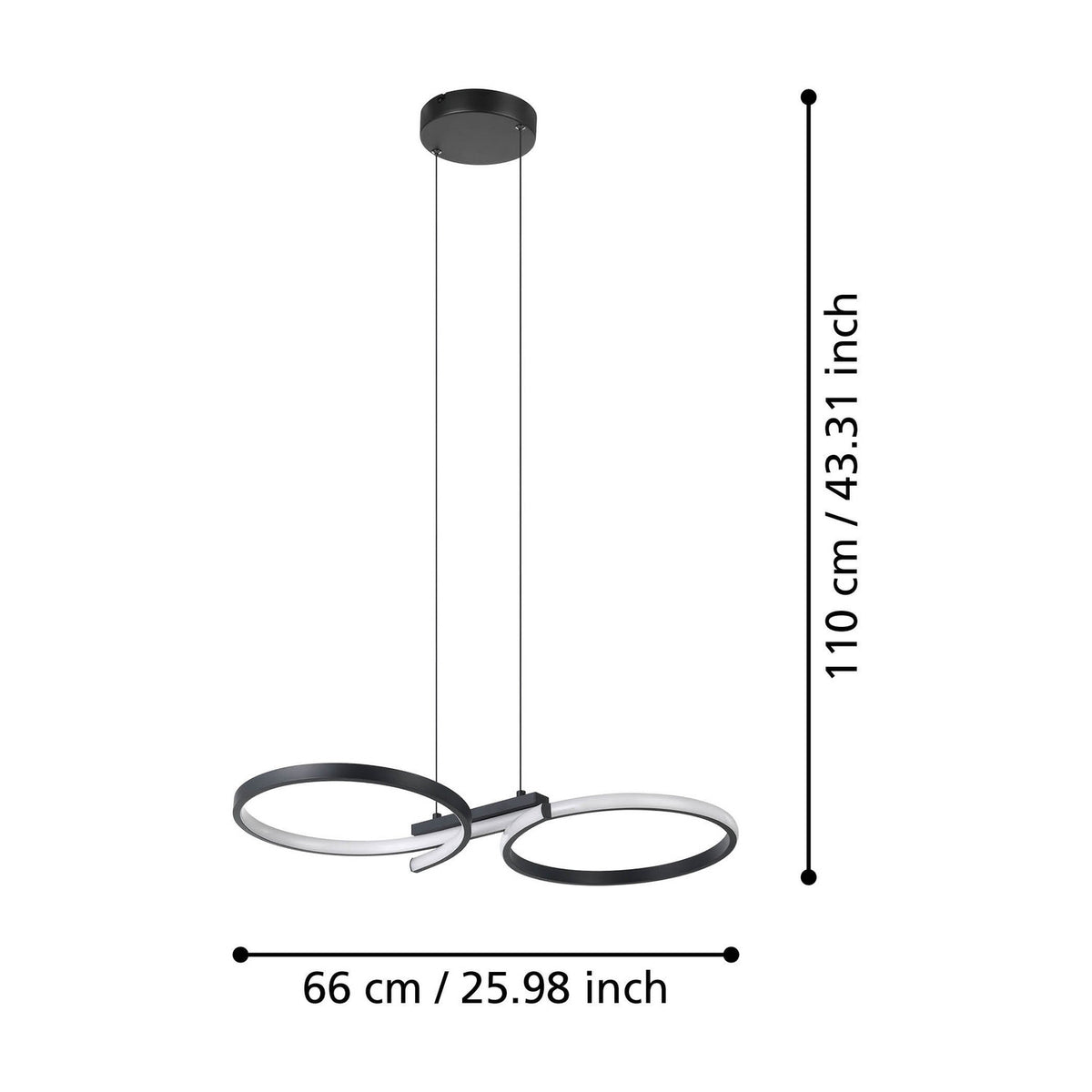 Black Drelvanne pendant light with two crossing aluminium and steel bands, white LED diffusers inside each ring, round ceiling plate, 66cm wide x 110cm high.