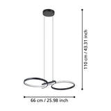 Black Drelvanne pendant light with two crossing aluminium and steel bands, white LED diffusers inside each ring, round ceiling plate, 66cm wide x 110cm high.