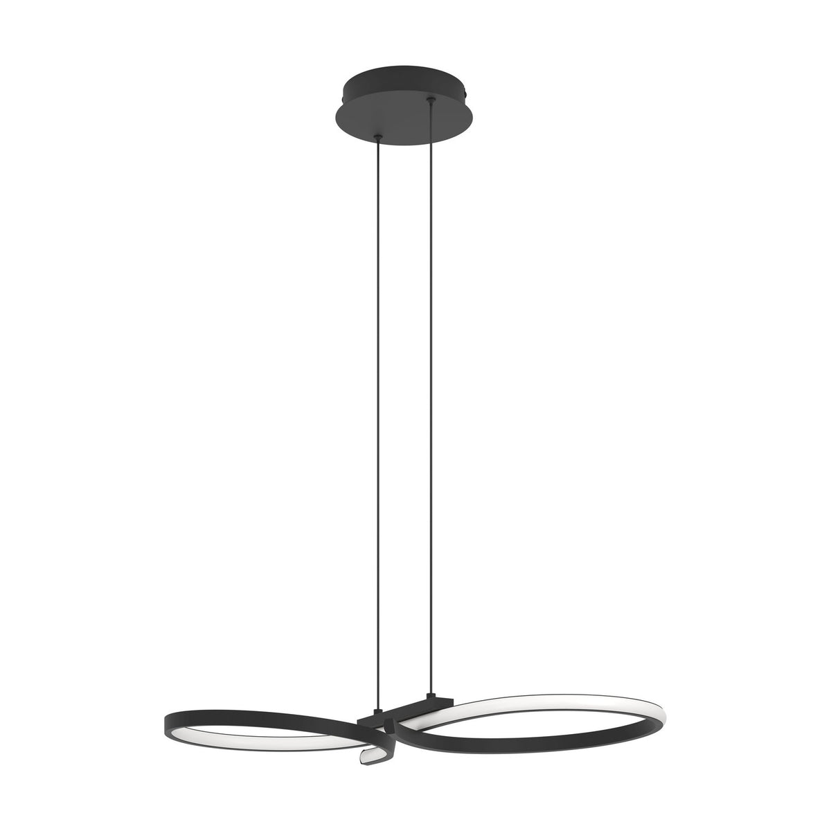 Drelvanne black pendant light with two looping bands crossing at a slim central bar, white diffuser along each curve, hung from a round ceiling plate on fine wires against a plain white background.