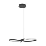 Drelvanne black pendant light with two looping bands crossing at a slim central bar, white diffuser along each curve, hung from a round ceiling plate on fine wires against a plain white background.