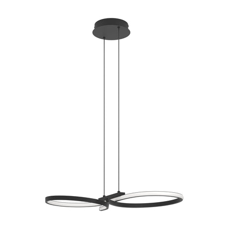 Drelvanne black pendant light with two looping bands crossing at a slim central bar, white diffuser along each curve, hung from a round ceiling plate on fine wires against a plain white background.