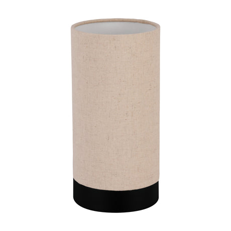 Dremane Table Lamp in Black: a slim cylindrical natural linen shade on a matching black steel base, shown on a plain white background.